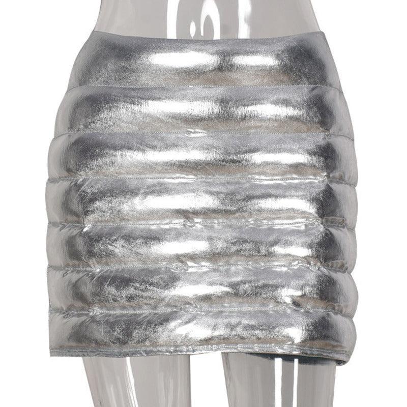 Silver Women's Puffer Skirt Metallic Shiny Solid Warm Quilted Mini - VirtuousWares:Global