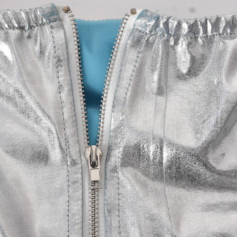 Silver Women's Puffer Skirt Metallic Shiny Solid Warm Quilted Mini - VirtuousWares:Global