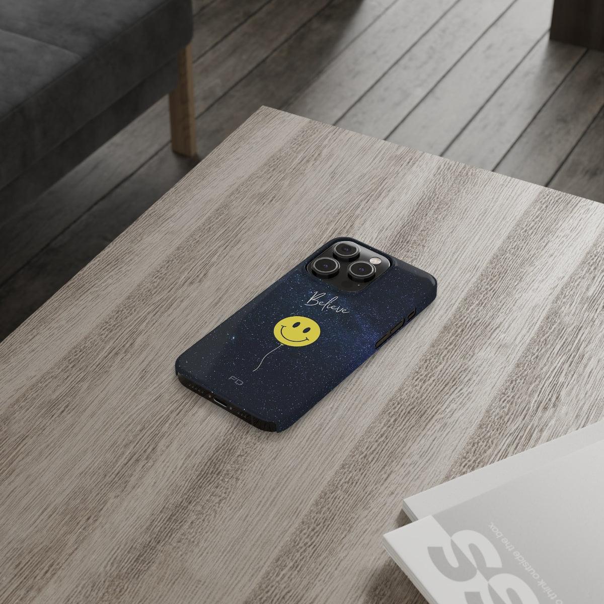 Smiley Face in Space Believe Slim Case for iPhone 14 Series - VirtuousWares:Global