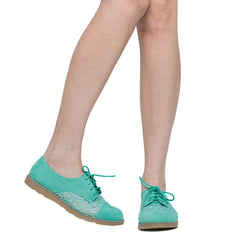 SOBEYO Women's Embroidered Flower Lace Up Oxford Flats Green - VirtuousWares:Global