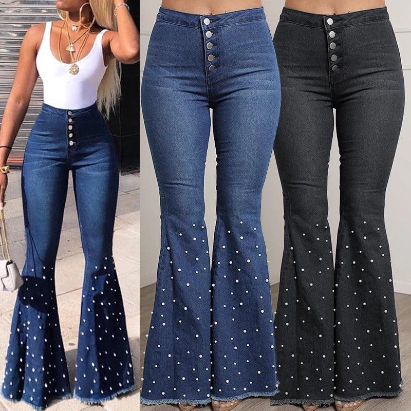 Solid Beading Flared Jeans High Waist Single-breasted Casual Denim - VirtuousWares:Global