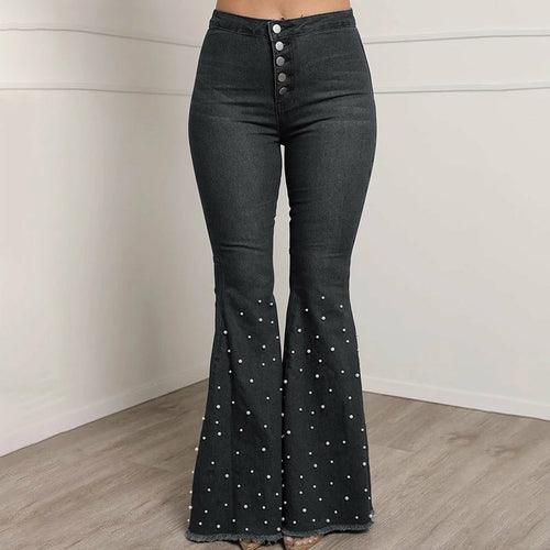 Solid Beading Flared Jeans High Waist Single-breasted Casual Denim - VirtuousWares:Global