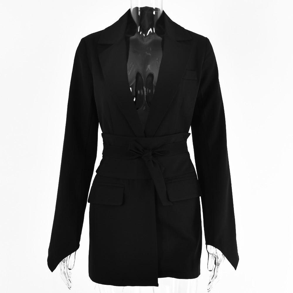 Solid Color Long Sleeved Cardigan Strap Belted Waist Jacket - VirtuousWares:Global