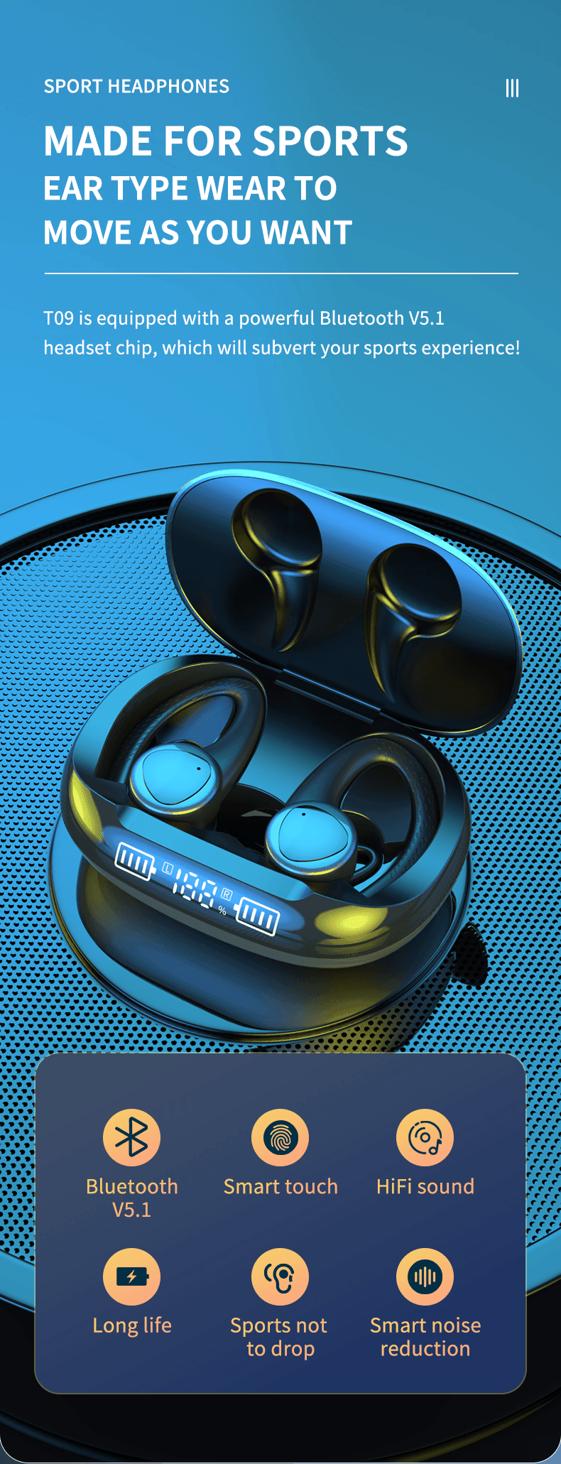 Sport Ear Hook LED Display Wireless Earphone With Microphones - VirtuousWares:Global