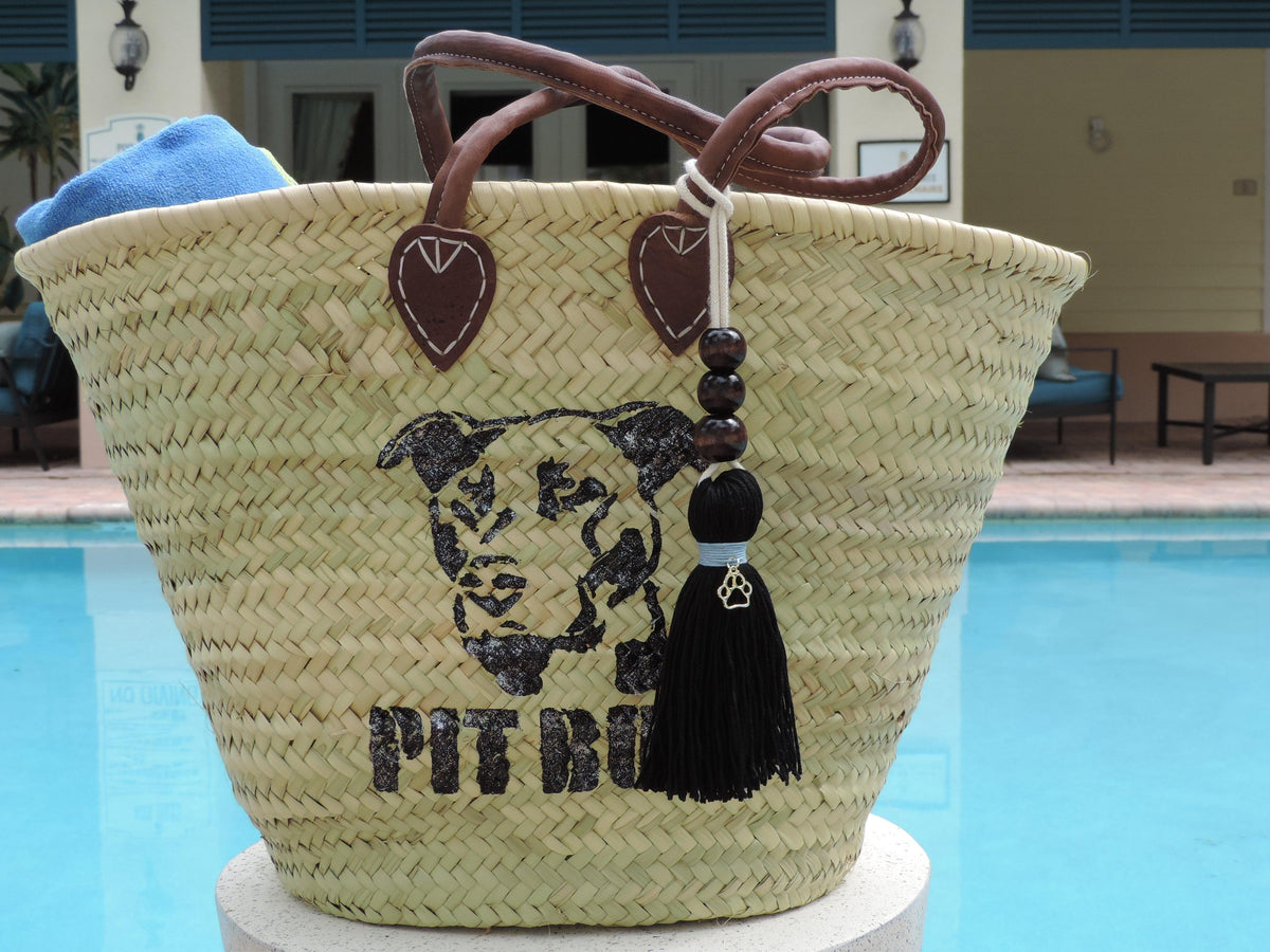 Straw bag with Hand-Painted Pit Bull - VirtuousWares:Global