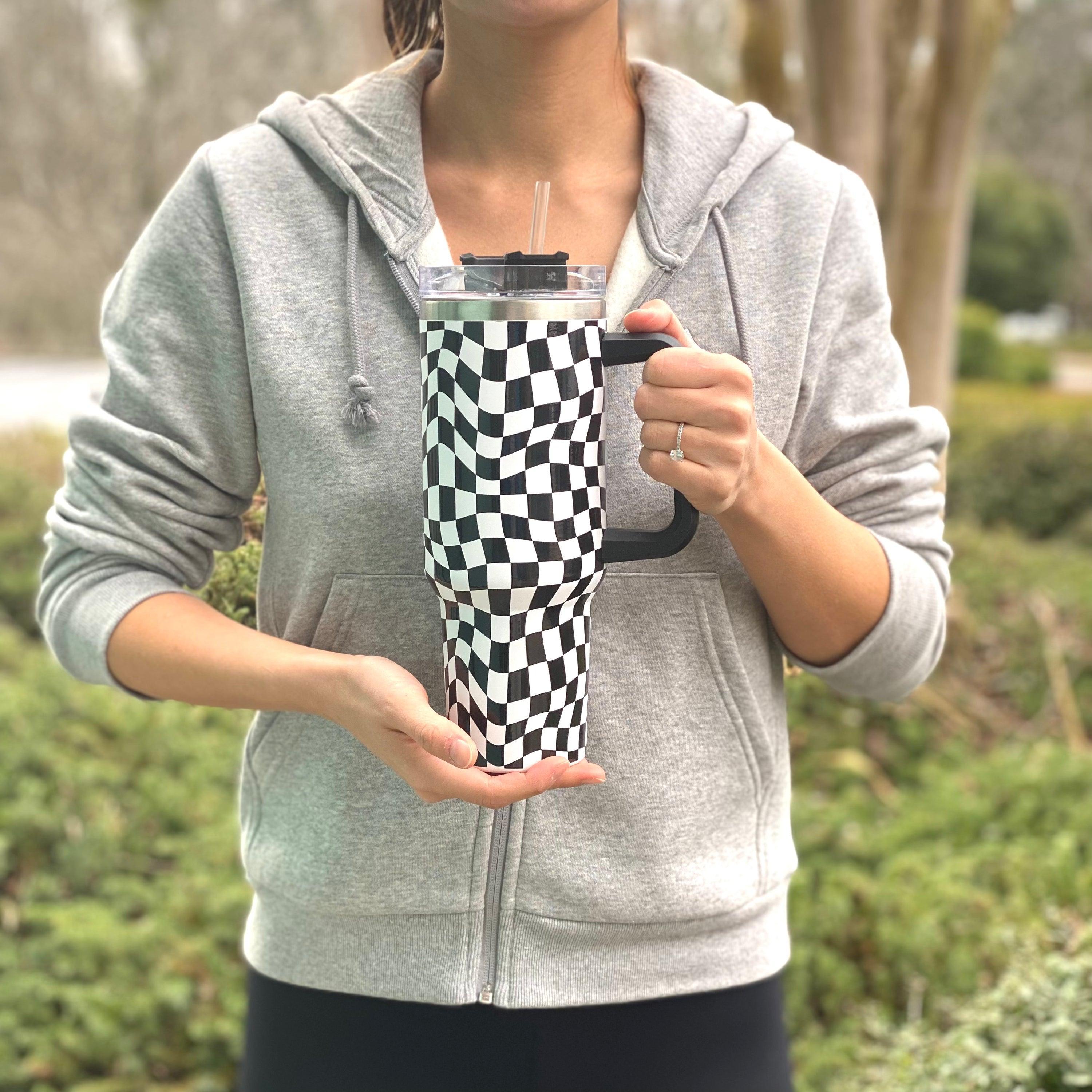 Stylish Checker Large Water Cup With Handle - VirtuousWares:Global