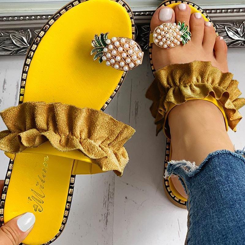 Summer Beach Pineapple Flat Slippers Outside Slides Ladies Shoes - VirtuousWares:Global