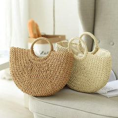 Summer Top Handle Semi Circle Straw Bag - VirtuousWares:Global