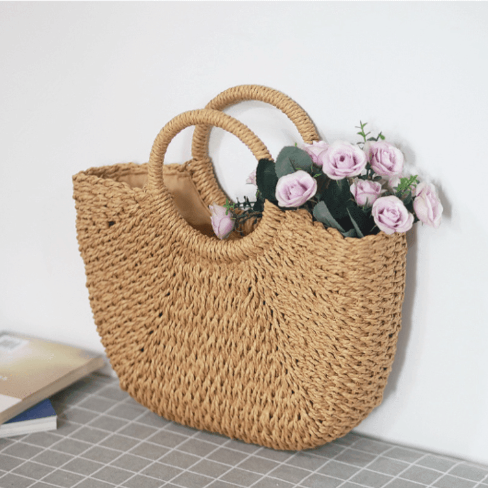 Summer Top Handle Semi Circle Straw Bag - VirtuousWares:Global