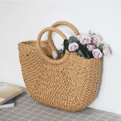 Summer Top Handle Semi Circle Straw Bag - VirtuousWares:Global