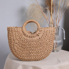 Summer Top Handle Semi Circle Straw Bag - VirtuousWares:Global