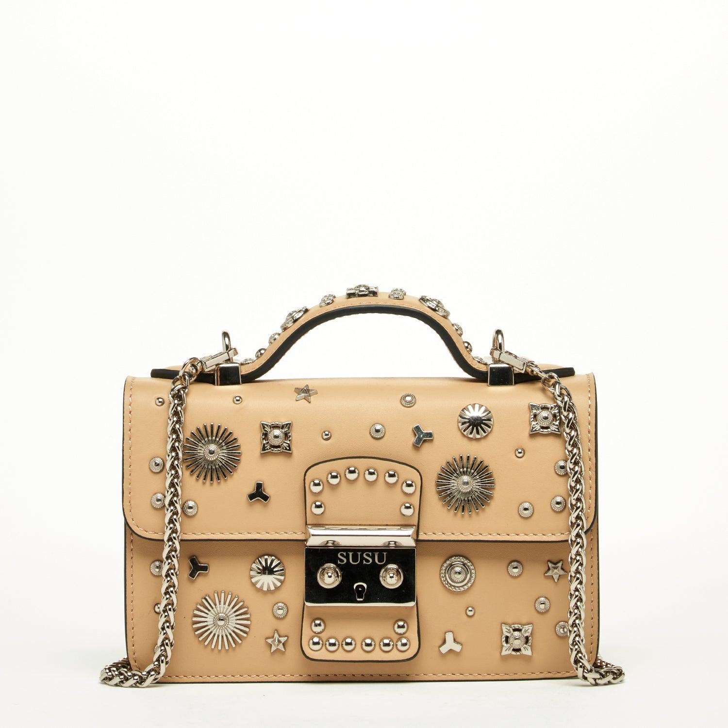 The Hollywood Leather Crossbody Studded Bag Beige - VirtuousWares:Global