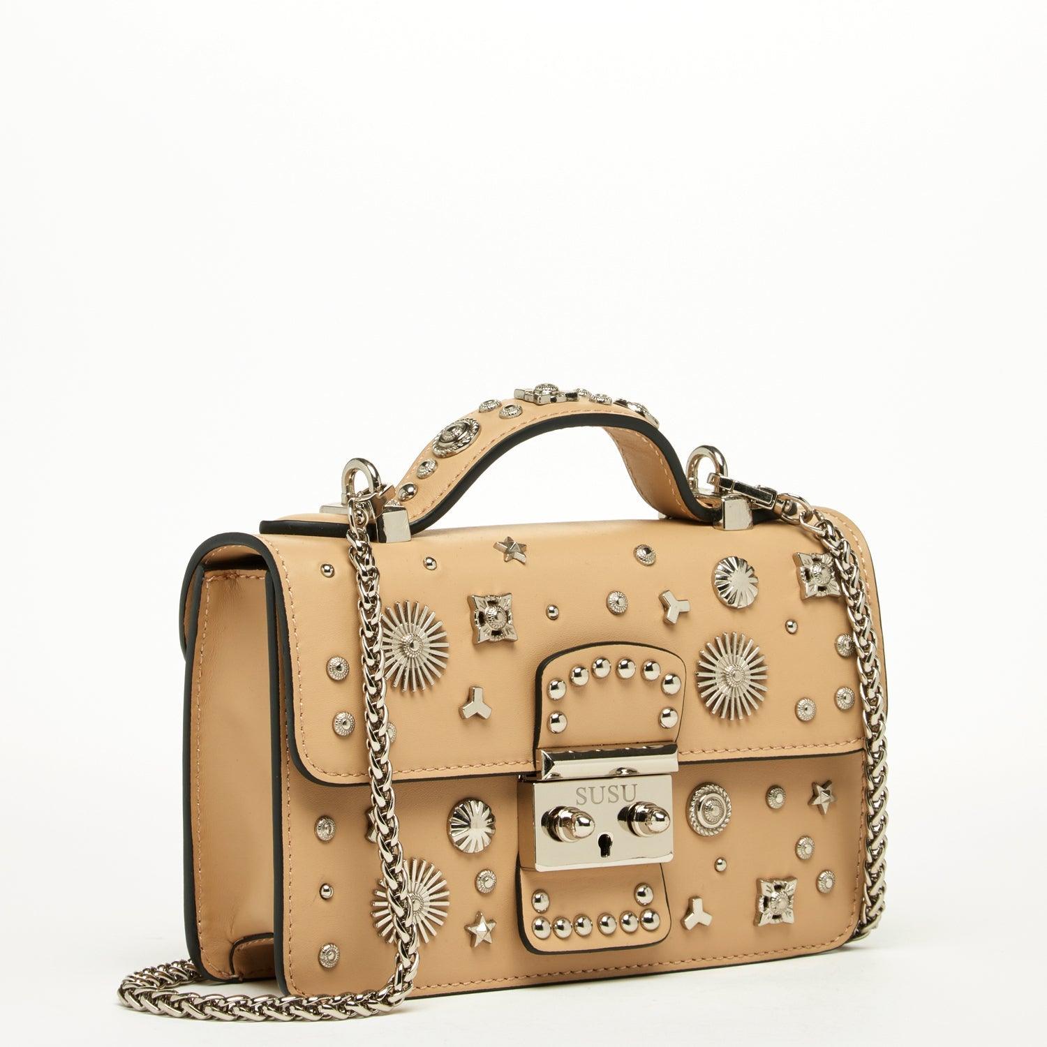 The Hollywood Leather Crossbody Studded Bag Beige - VirtuousWares:Global