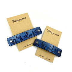 Tiny Forest / Trees Blue & Silver Shimmer Leather Hair Barrette - VirtuousWares:Global
