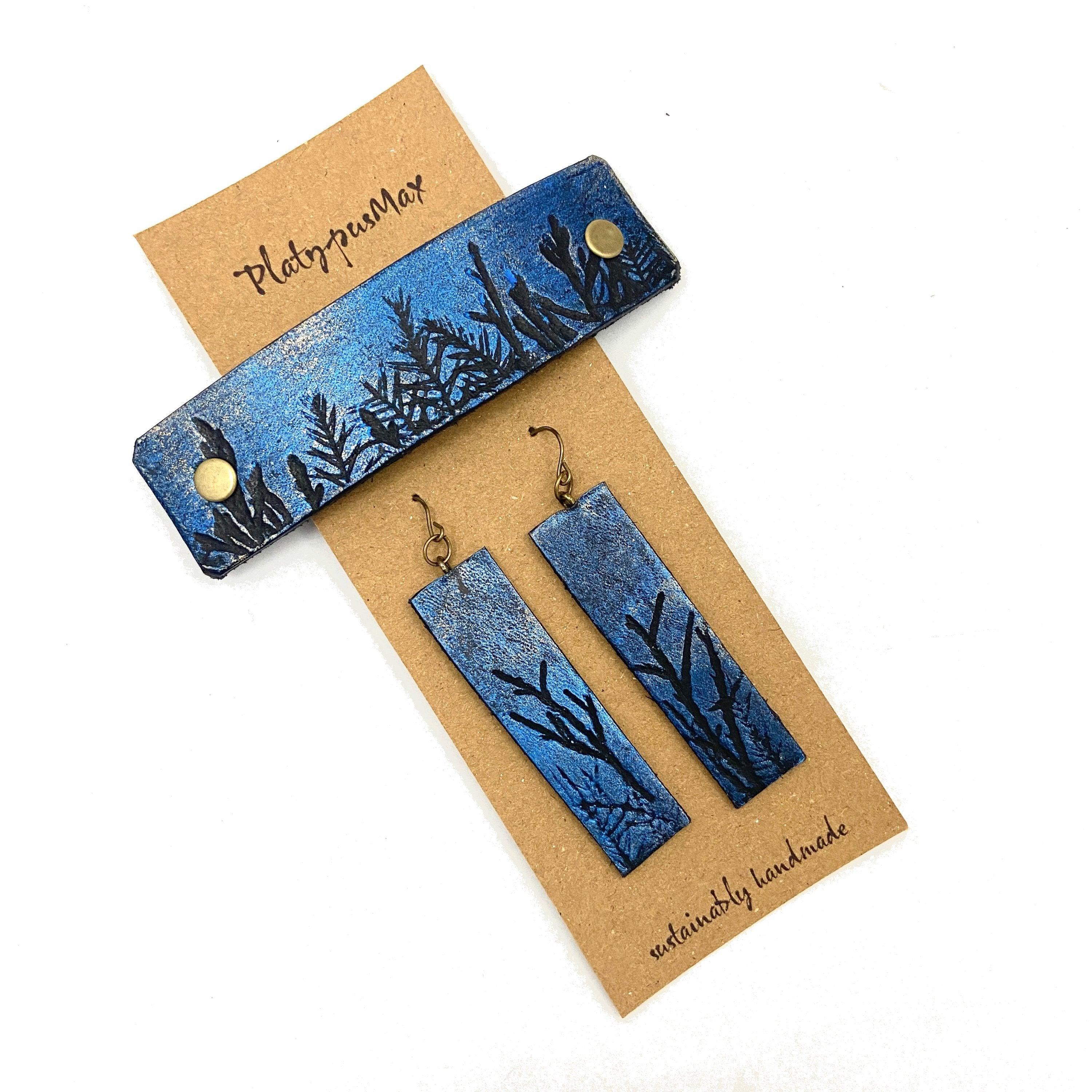 Tiny Forest / Trees Blue & Silver Shimmer Leather Hair Barrette - VirtuousWares:Global