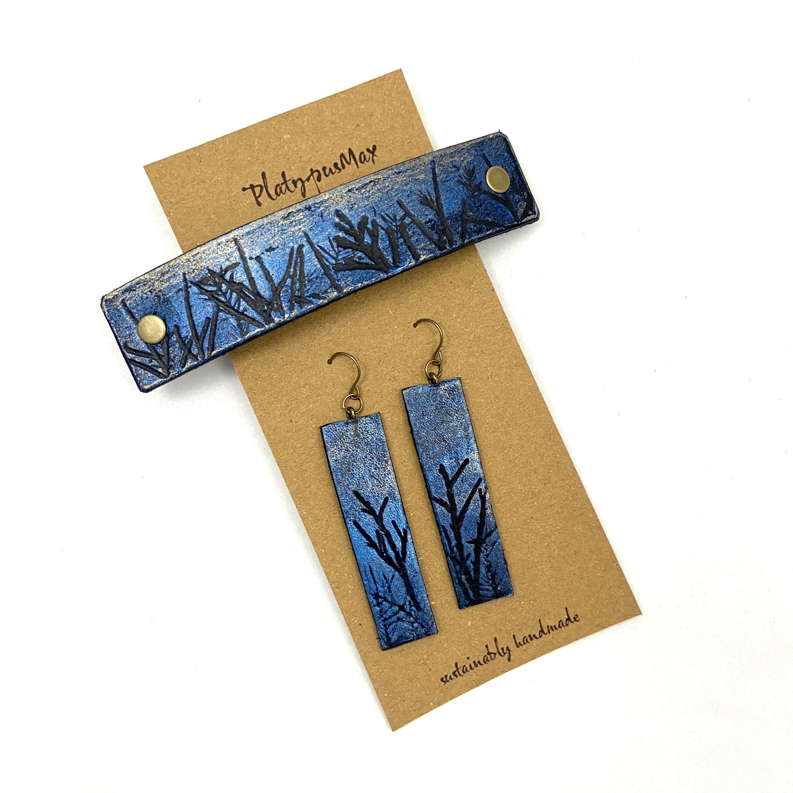 Tiny Forest / Trees Blue & Silver Shimmer Leather Hair Barrette - VirtuousWares:Global