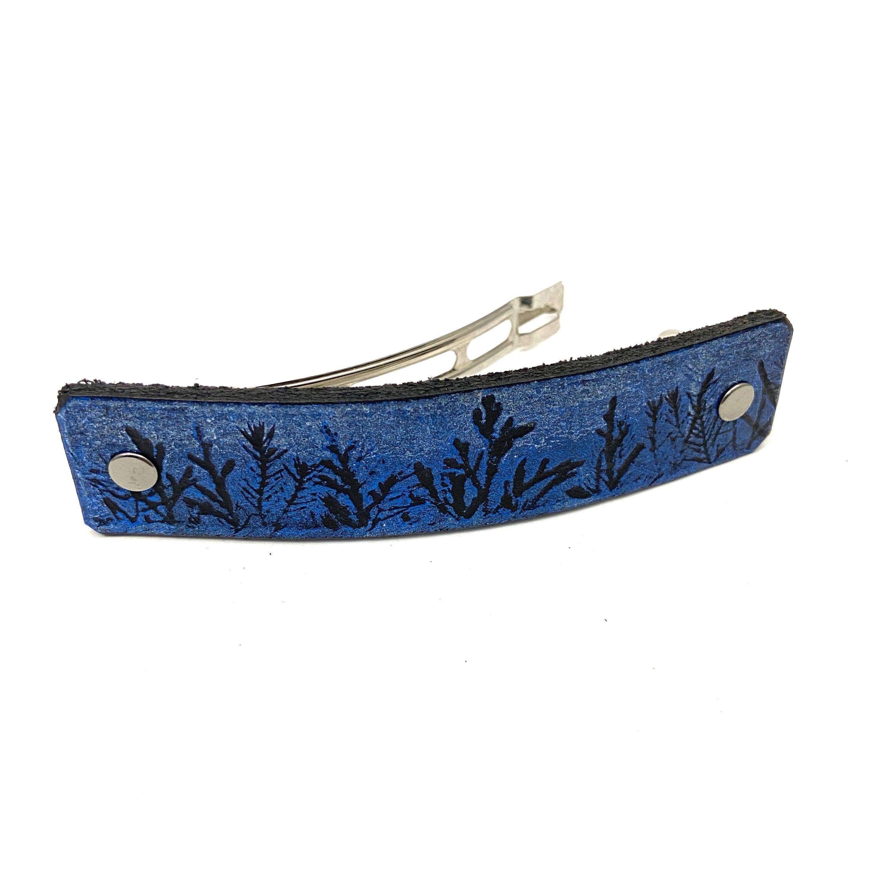 Tiny Forest / Trees Blue & Silver Shimmer Leather Hair Barrette - VirtuousWares:Global