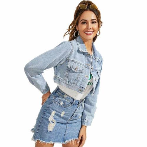 Turn-down Collar Women Denim Jacket Caot - VirtuousWares:Global