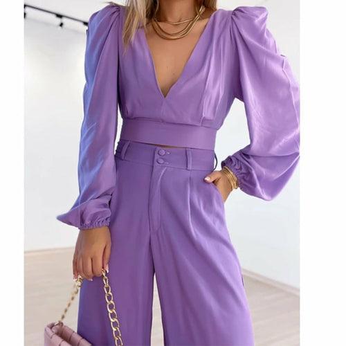 V-neck Long Sleeve Shirt High Waist Wide Leg Pants Plus Size Casual - VirtuousWares:Global