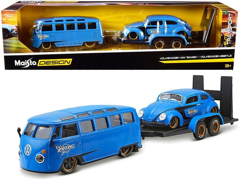 Volkswagen Van Samba with Volkswagen Beetle and Flatbed Trailer Blue - VirtuousWares:Global