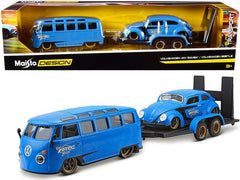 Volkswagen Van Samba with Volkswagen Beetle and Flatbed Trailer Blue - VirtuousWares:Global