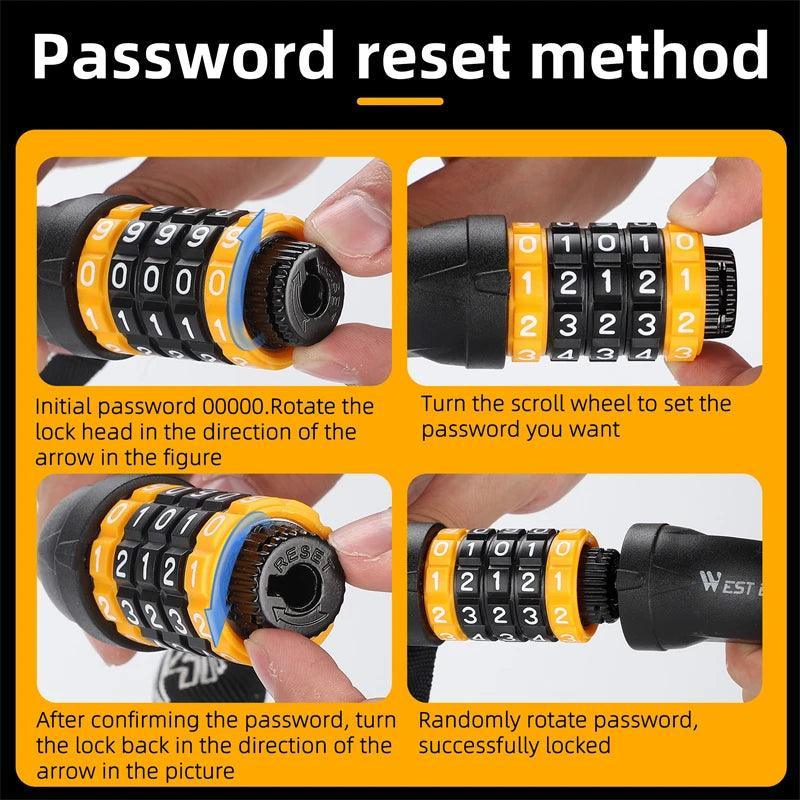 WEST BIKING 65-150cm Multi-length Bike Chain Lock 5 Digit Code Combination Anti-Theft Bicycle Lock Motorcycle Ebike Accessories - VirtuousWares:Global