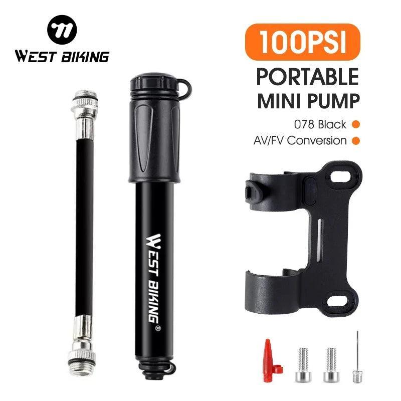 WEST BIKING Mini Bicycle Pump 100Psi Portable Schrader Presta Valve - VirtuousWares:Global
