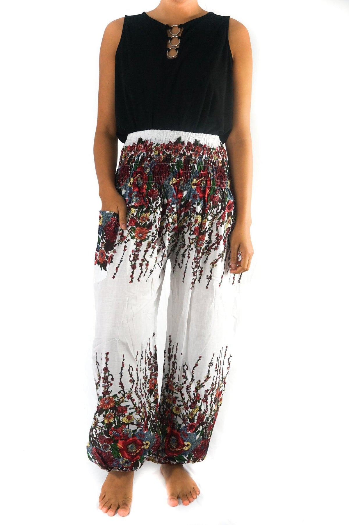 White FLORAL Women Boho Pants Hippie Pants Yoga Pants - VirtuousWares:Global