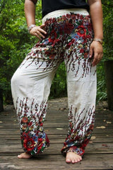 White FLORAL Women Boho Pants Hippie Pants Yoga Pants - VirtuousWares:Global