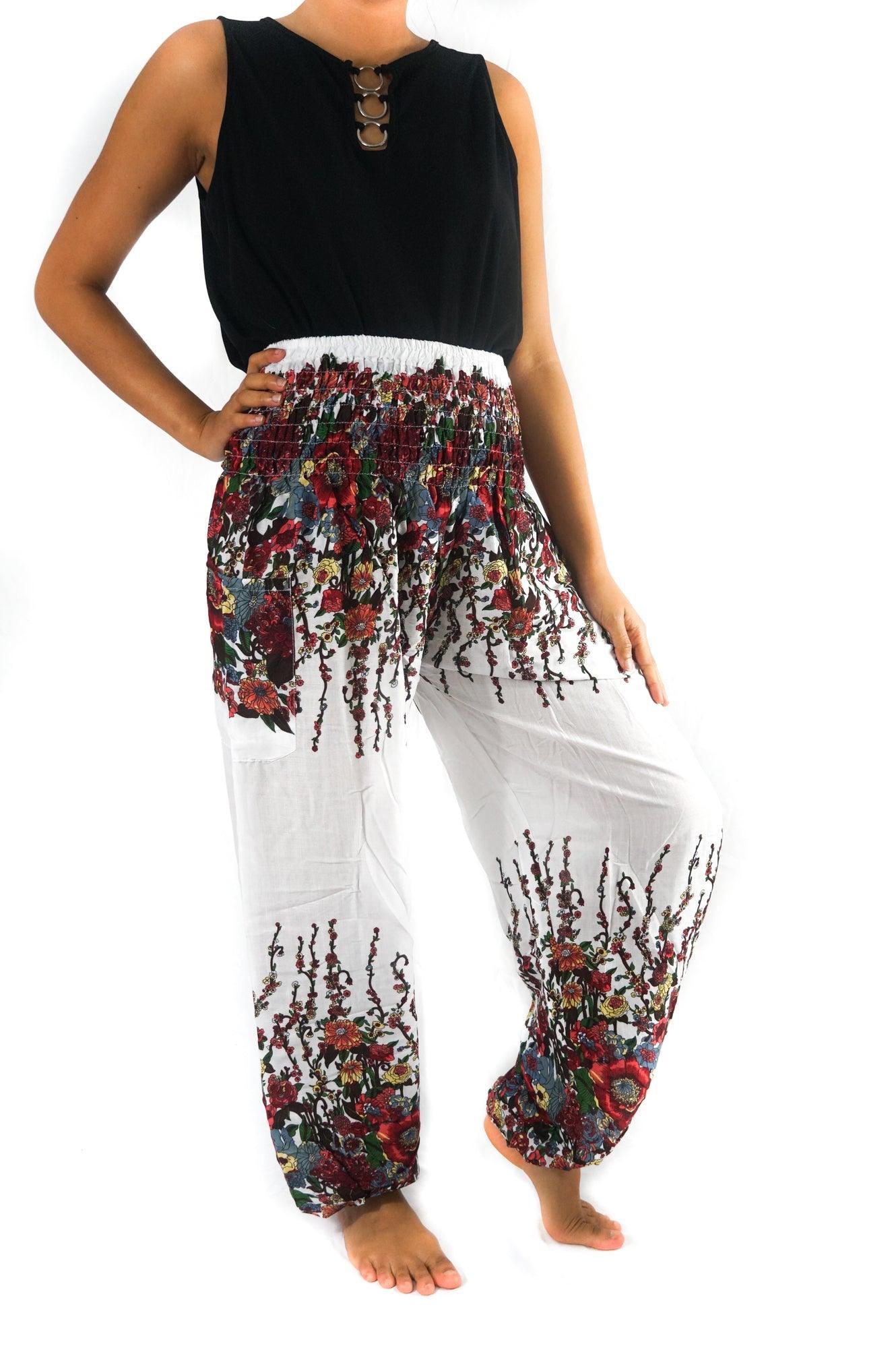 White FLORAL Women Boho Pants Hippie Pants Yoga Pants - VirtuousWares:Global