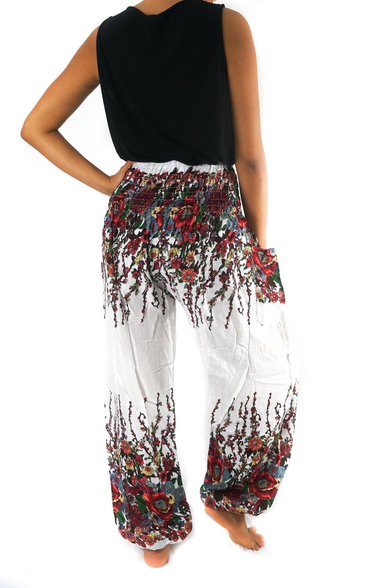 White FLORAL Women Boho Pants Hippie Pants Yoga Pants - VirtuousWares:Global