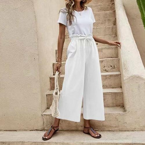 Wide Leg Pants Elastic Waist Cotton Linen Loose Straight Ninth Pants - VirtuousWares:Global