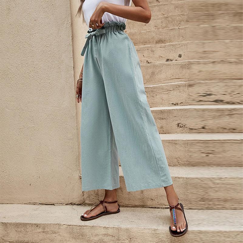 Wide Leg Pants Elastic Waist Cotton Linen Loose Straight Ninth Pants - VirtuousWares:Global