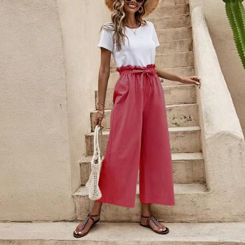 Wide Leg Pants Elastic Waist Cotton Linen Loose Straight Ninth Pants - VirtuousWares:Global