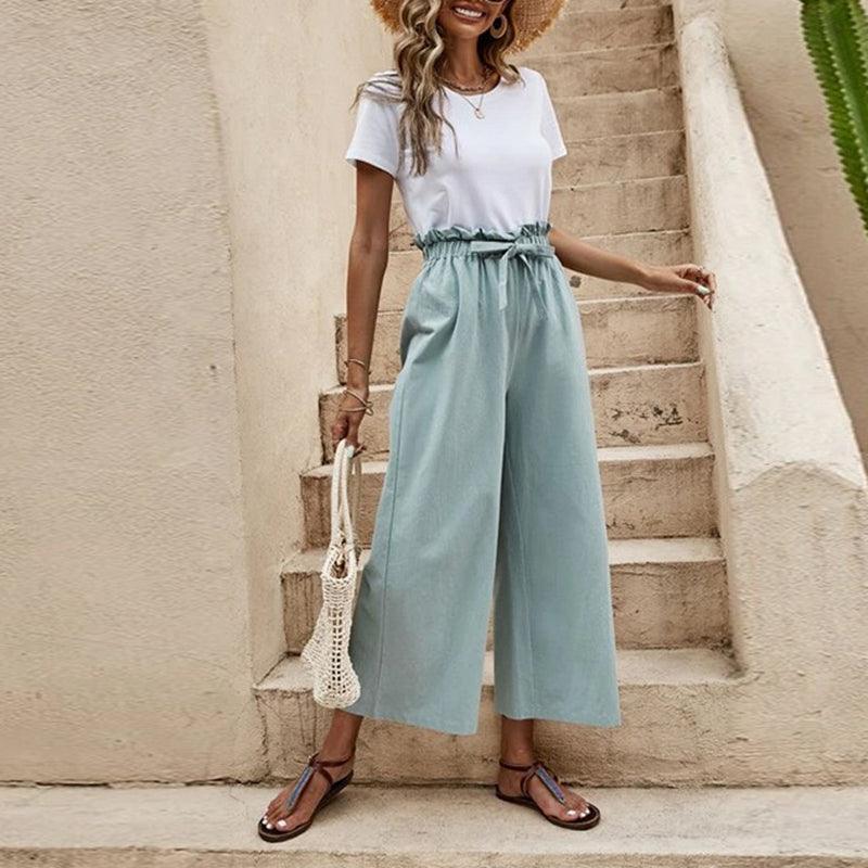 Wide Leg Pants Elastic Waist Cotton Linen Loose Straight Ninth Pants - VirtuousWares:Global