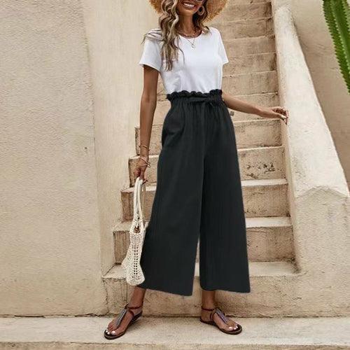 Wide Leg Pants Elastic Waist Cotton Linen Loose Straight Ninth Pants - VirtuousWares:Global