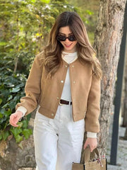 Women Bomber Jackets Coat Autumn Winter Single Breasted Camel Short - VirtuousWares:Global