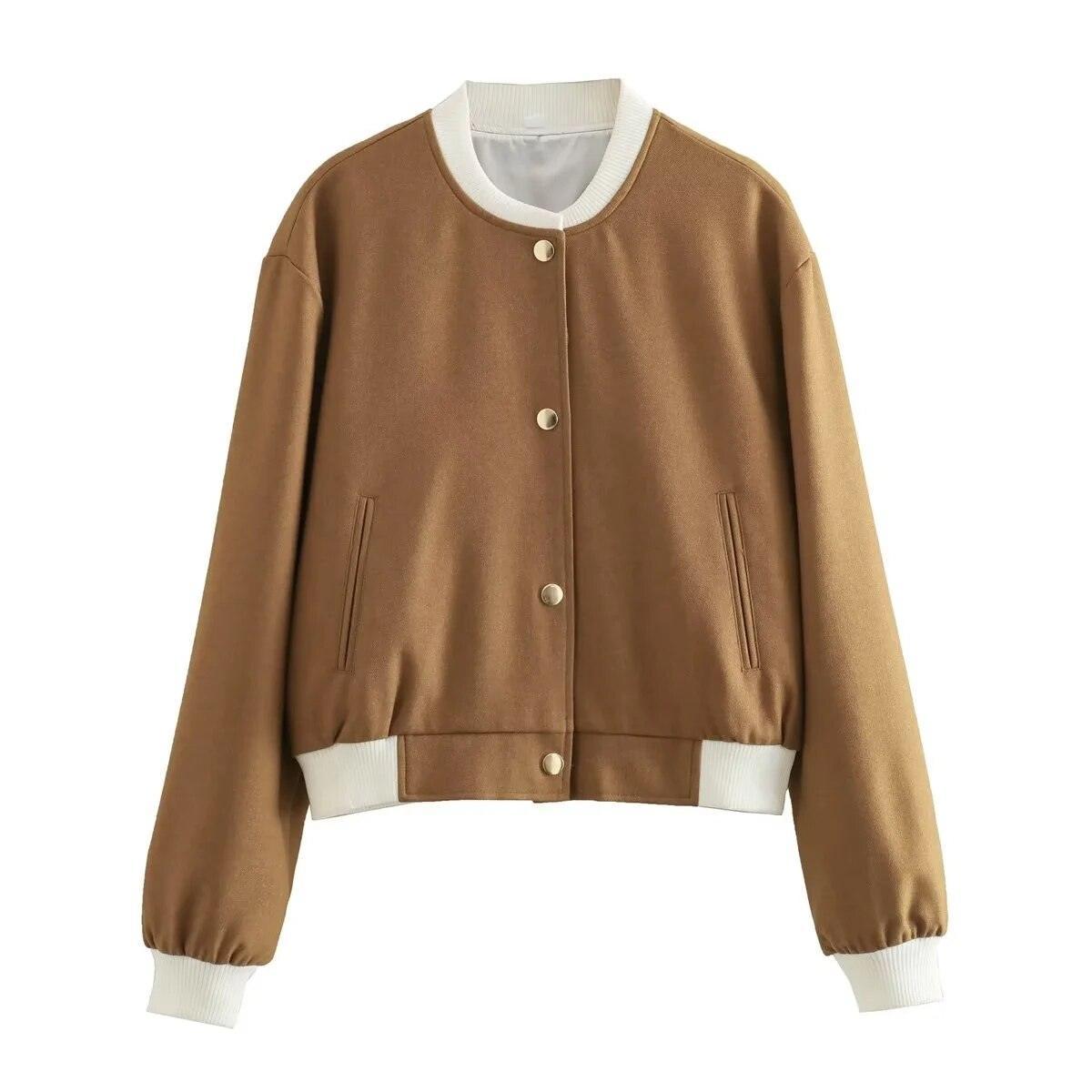 Women Bomber Jackets Coat Autumn Winter Single Breasted Camel Short - VirtuousWares:Global