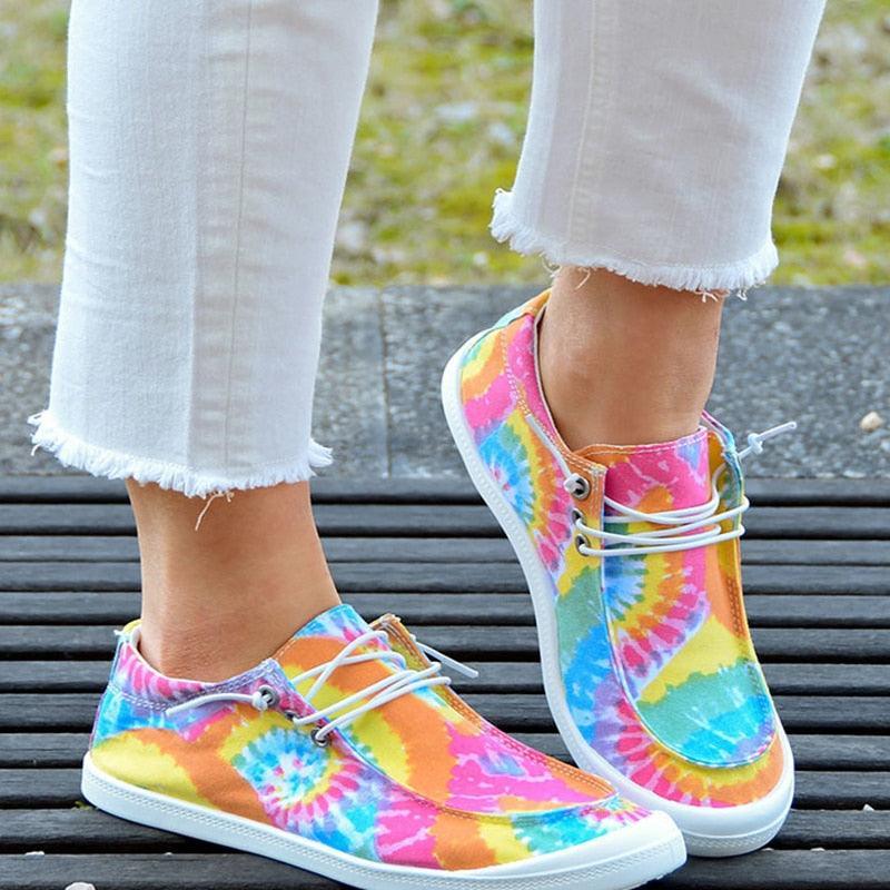 Women Canvas Shoes Fashion Lace Up Tie Dye Flat Sneakers Female Casual - VirtuousWares:Global