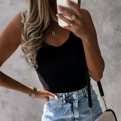 Women Deep V Neck Ribbed Knitted Blouses - VirtuousWares:Global