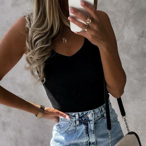 Women Deep V Neck Ribbed Knitted Blouses - VirtuousWares:Global