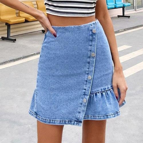 Women Irregular Ruffles Mini Denim Skirt 2021 Summer Casual High Waist - VirtuousWares:Global