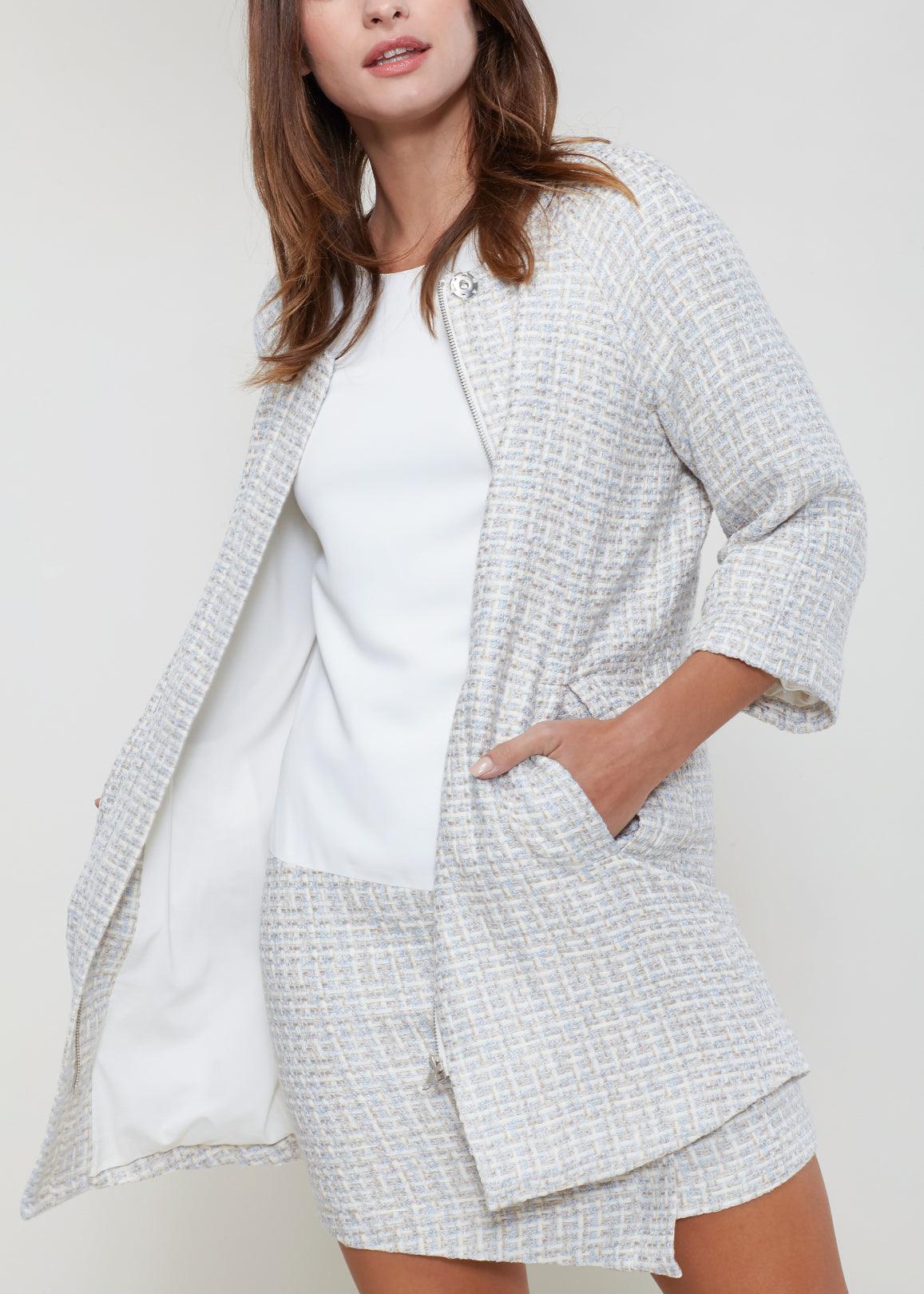 Women's Basket Tweed Longline Jacket In Powdered Blue - VirtuousWares:Global