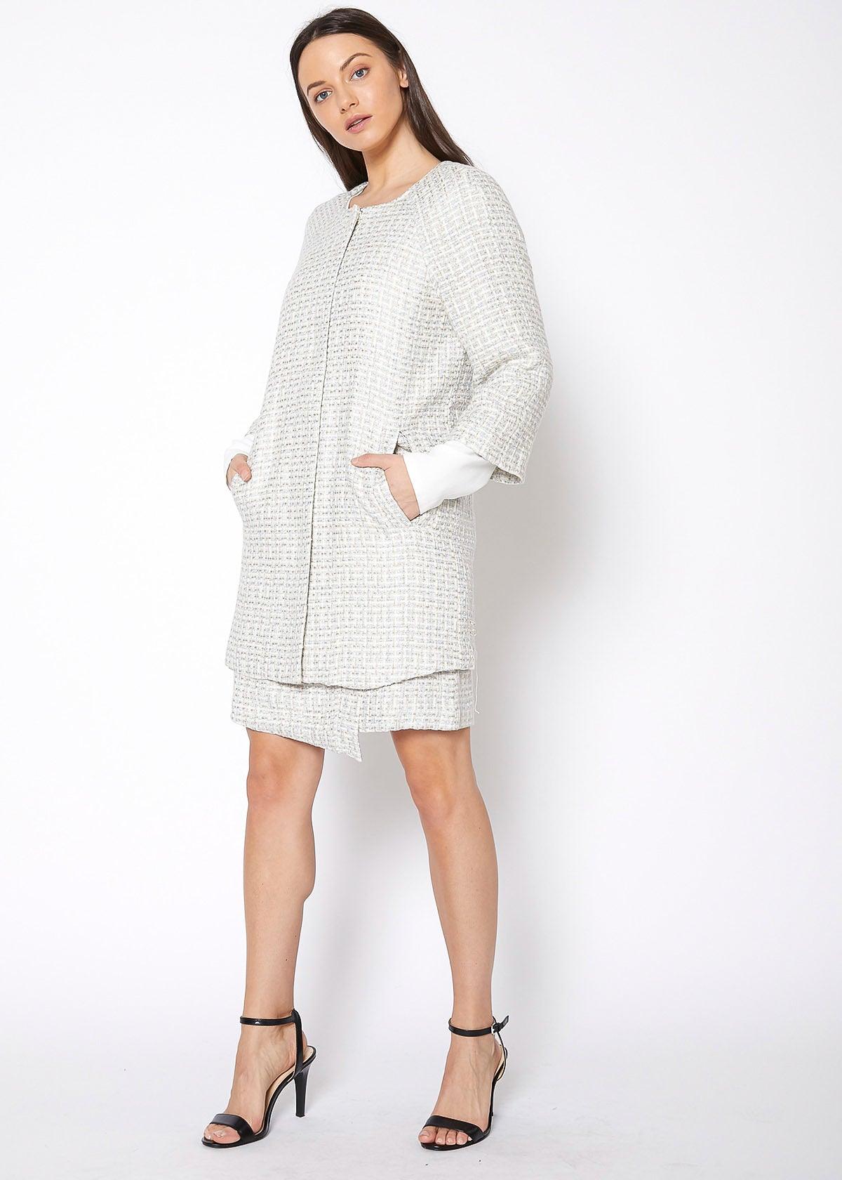 Women's Basket Tweed Longline Jacket In Powdered Blue - VirtuousWares:Global