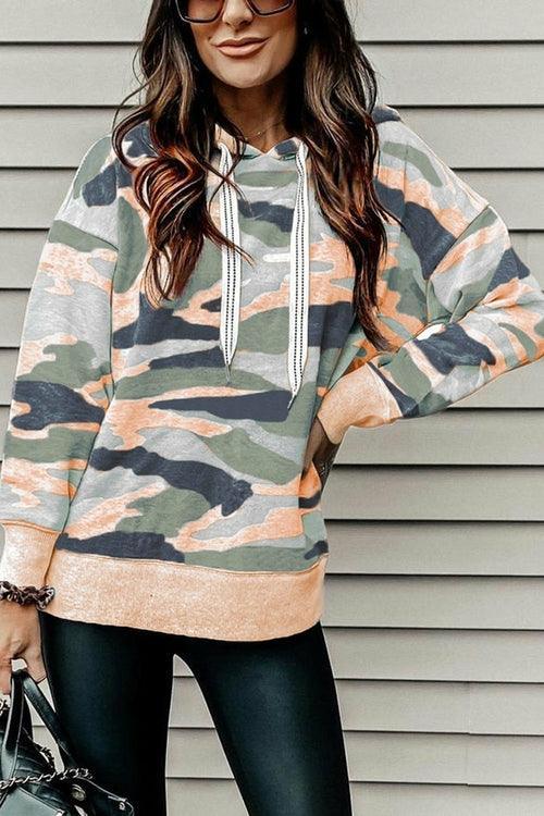 Women's Casual Khaki Camo Print Drawstring Hoodie - VirtuousWares:Global