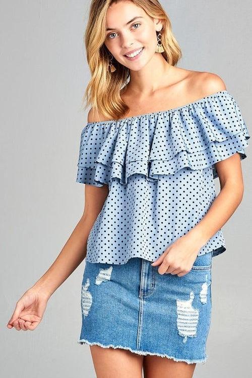 Women's Double Ruffle Off Shoulder Polka Dot Top - VirtuousWares:Global