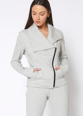 Women's Oversized Collar Zip-Up Moto Jacket In Heather Grey - VirtuousWares:Global
