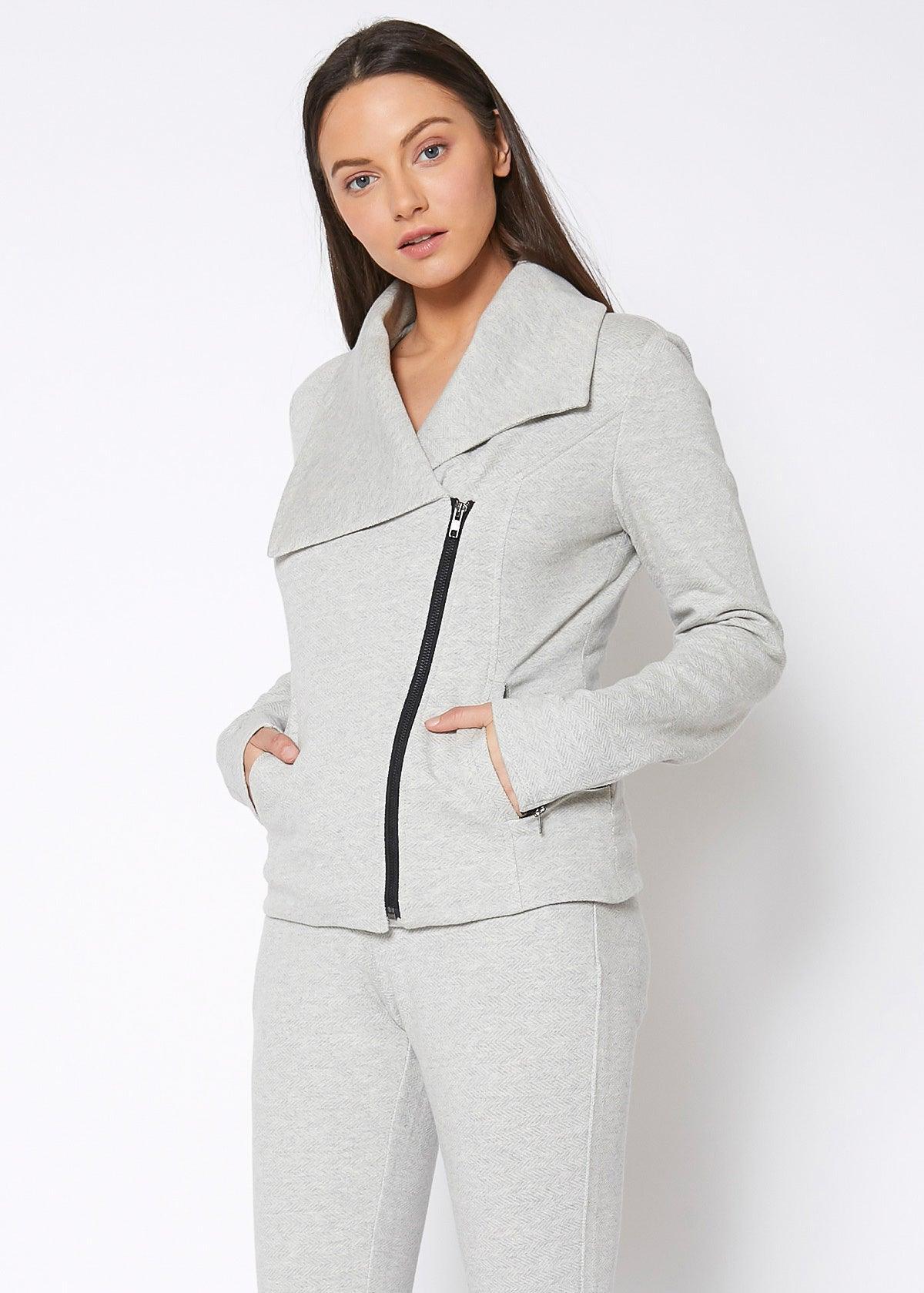 Women's Oversized Collar Zip-Up Moto Jacket In Heather Grey - VirtuousWares:Global
