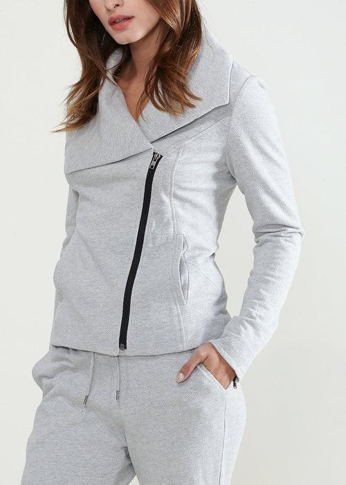 Women's Oversized Collar Zip-Up Moto Jacket In Heather Grey - VirtuousWares:Global