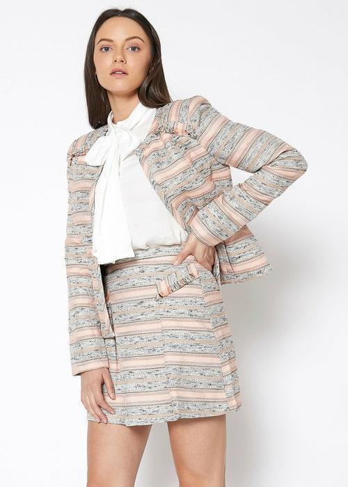 Women's Striped Open Front Tweed Blazer In Bittersweet - VirtuousWares:Global